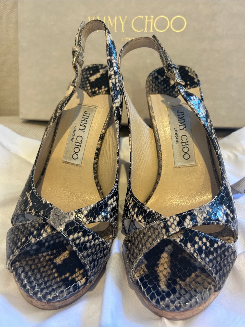 Jimmy Choo Black and Tan Snake-Print Wedge Slingbacks